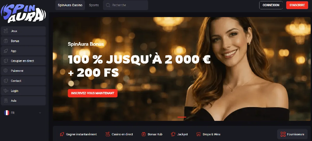 Page d'accueil de SpinAura, dépôt 10€ casino fiable